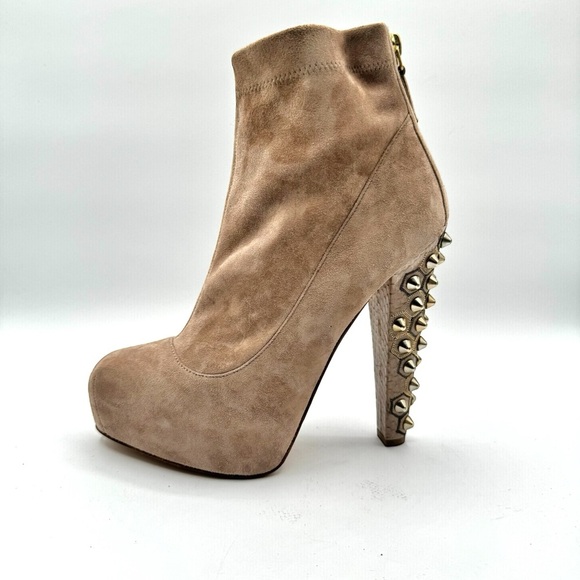 Brian Atwood Studded Heels Booties,Nude Suede with Bold Studded Heel, Size 37 - Picture 4 of 14